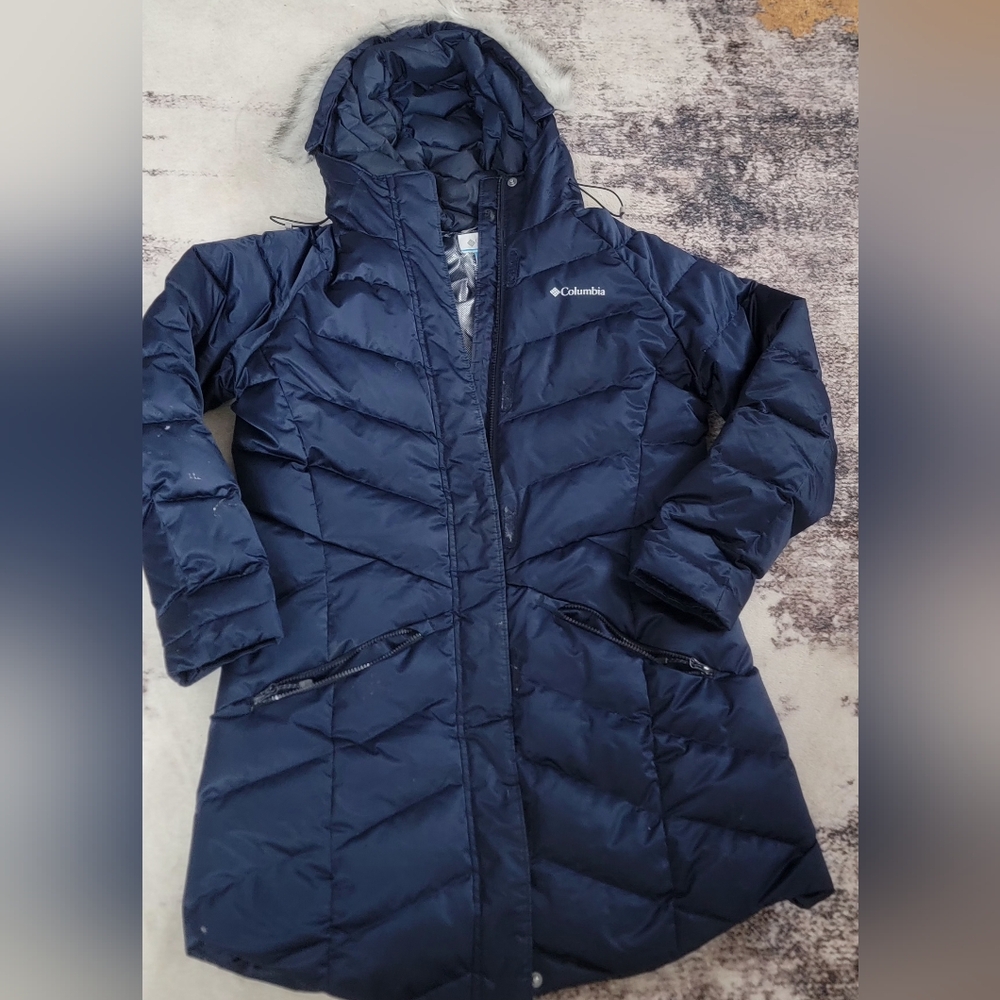 Columbia Navy Long Puffer Coat Hooded Insulated Winter Jacket Women’s Large Omni